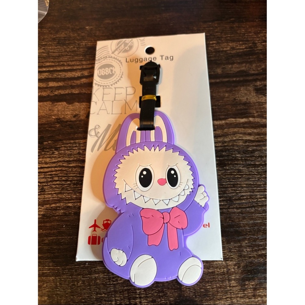 Cute Purple Labubu Luggage Tag with Pink Bow